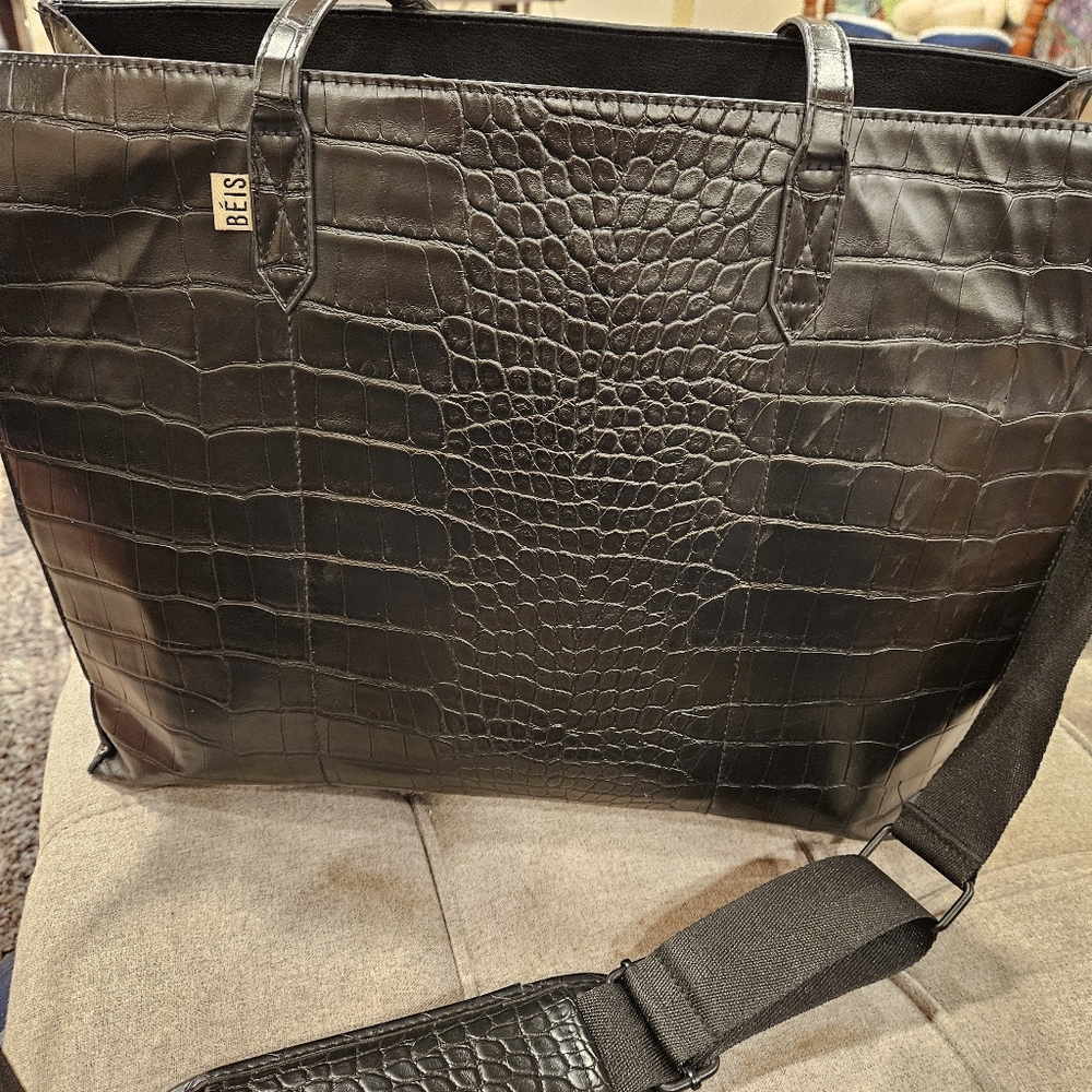 BEIS Black Croc-Embossed Tote with Crossbody Strap